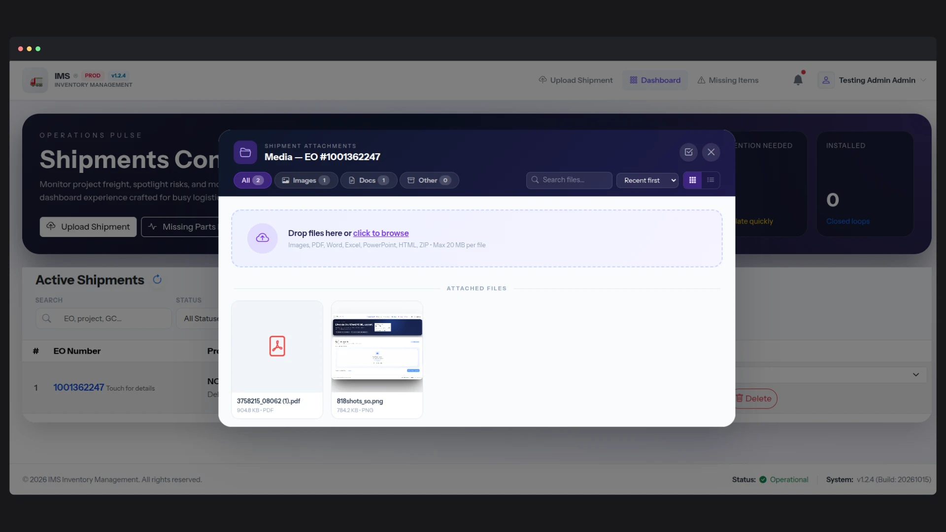 Shipment Tracker & IMS — Evidence attaches to the shipment itself: media, images, documents and voice clips drop into the same drawer, so a disputed delivery has its paperwork sitting next to it.